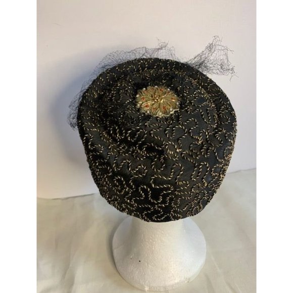 Vintage Black hat with gold & bead accents - Picture 3 of 5